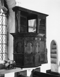 Old carved oaken pulpit, Charles 1. Inscribed on different panels “FOR MR WIC IL 1628”. Accessed via stairs in the North Wall